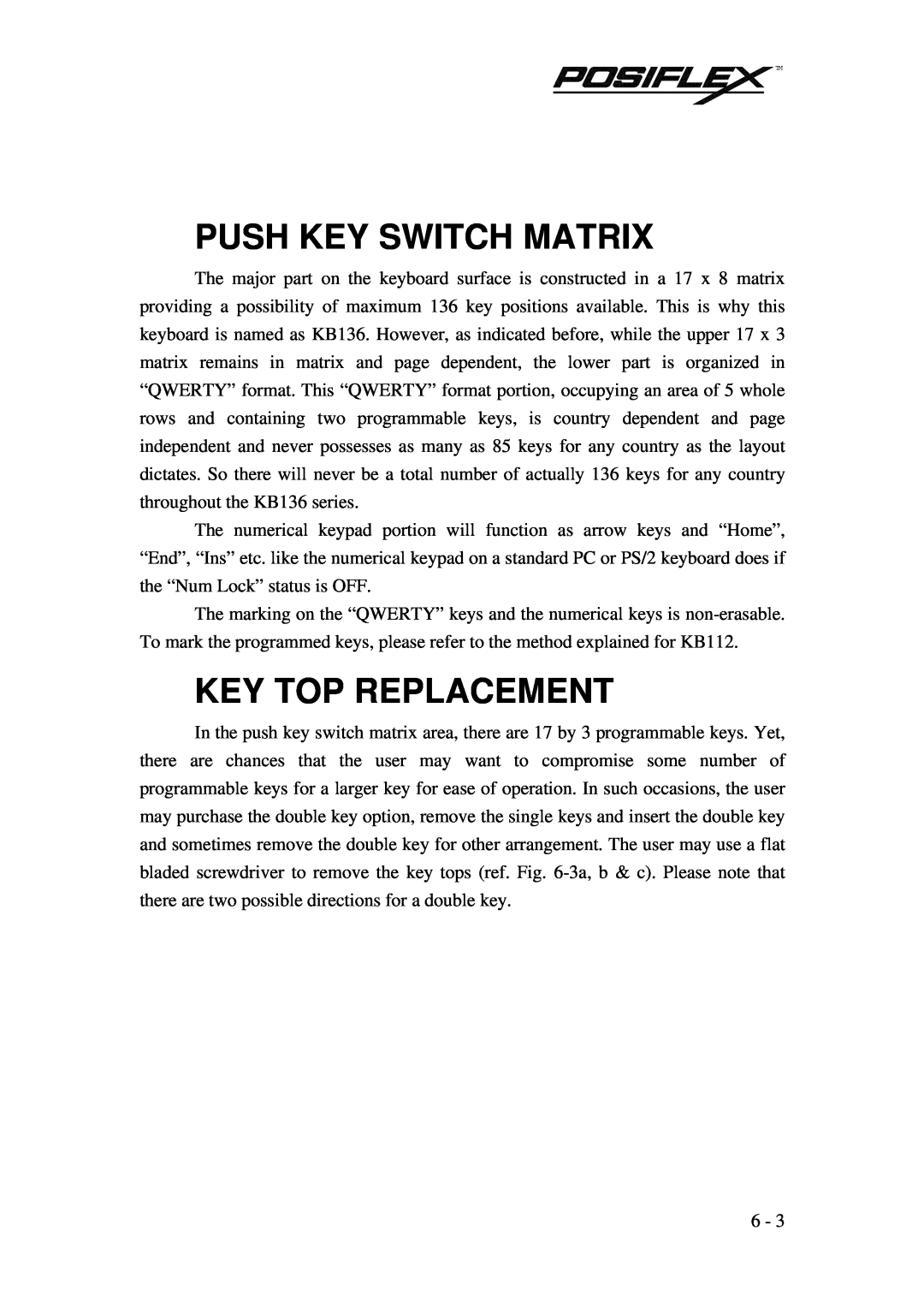 POSIFLEX Business Machines PST KB136 manual Push Key Switch Matrix, Key Top Replacement 