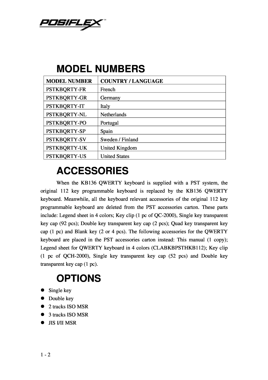 POSIFLEX Business Machines PST KB136 manual Model Numbers, Accessories, Options, Country / Language 