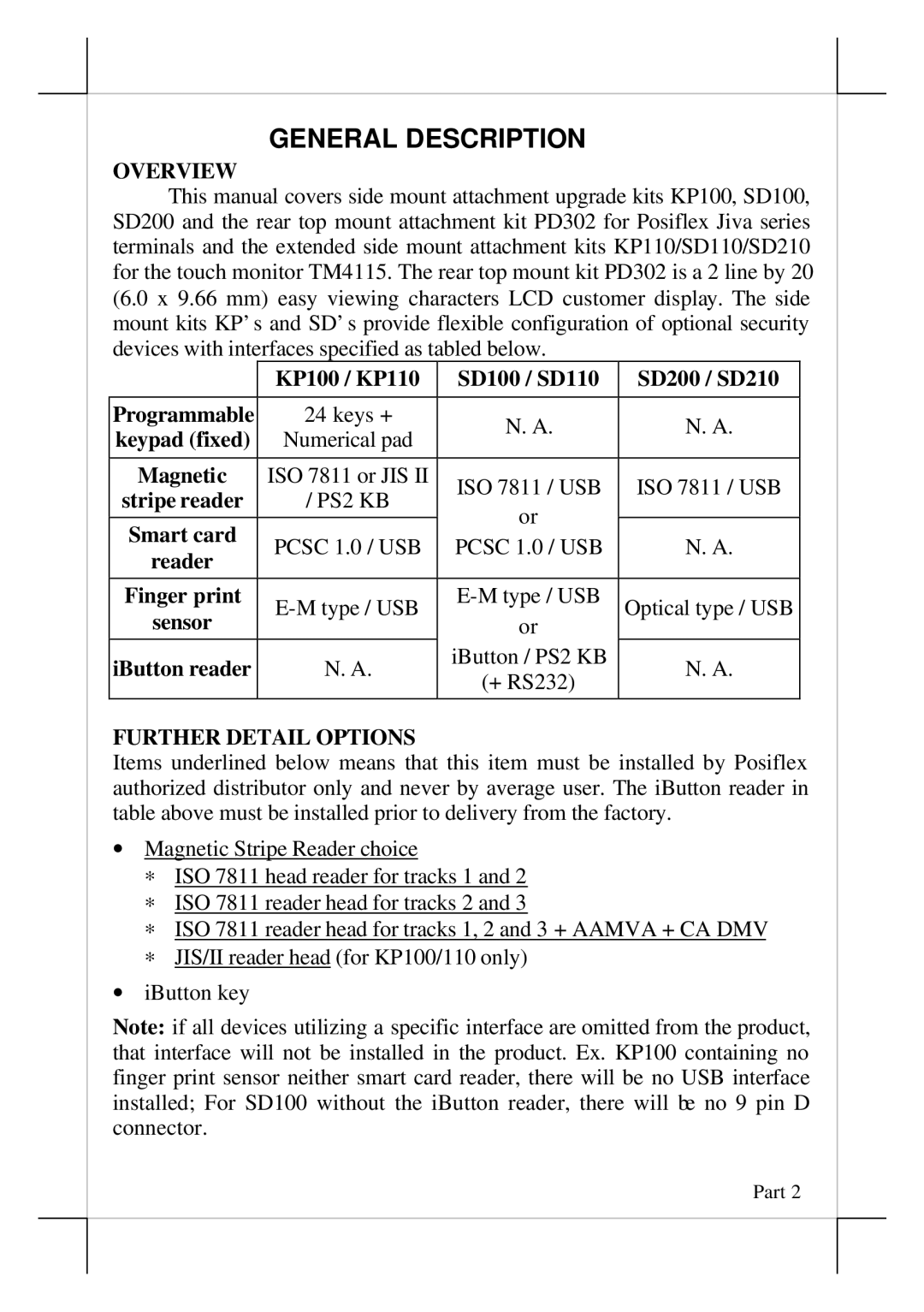 POSIFLEX Business Machines PD302 user manual General Description, Overview, KP100 / KP110 SD100 / SD110 SD200 / SD210 