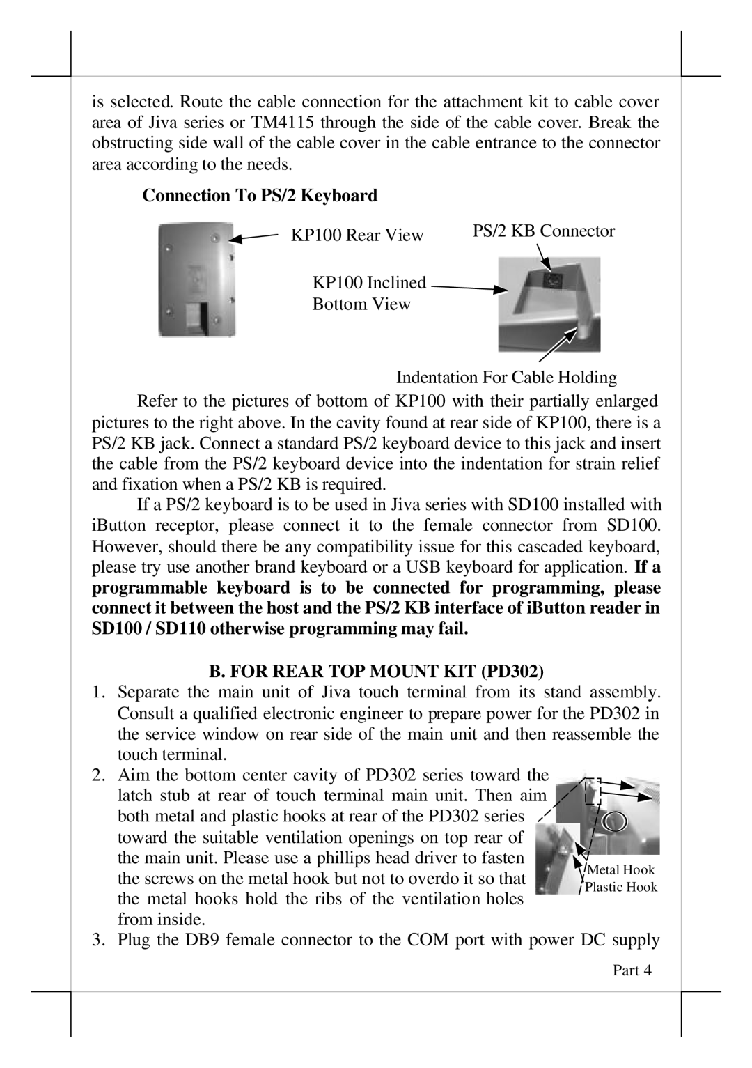 POSIFLEX Business Machines SD100, SD200, KP100 user manual Connection To PS/2 Keyboard, For Rear TOP Mount KIT PD302 