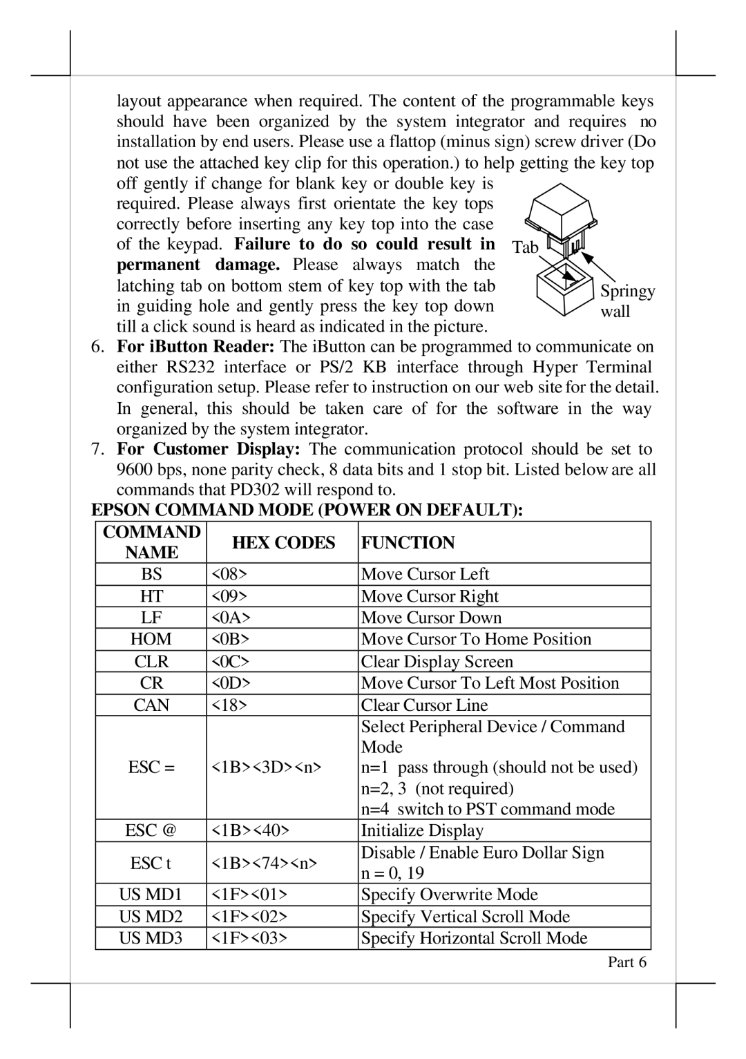 POSIFLEX Business Machines PD302, SD100, SD200, KP100 Epson Command Mode Power on Default HEX Codes Function Name, Clr 