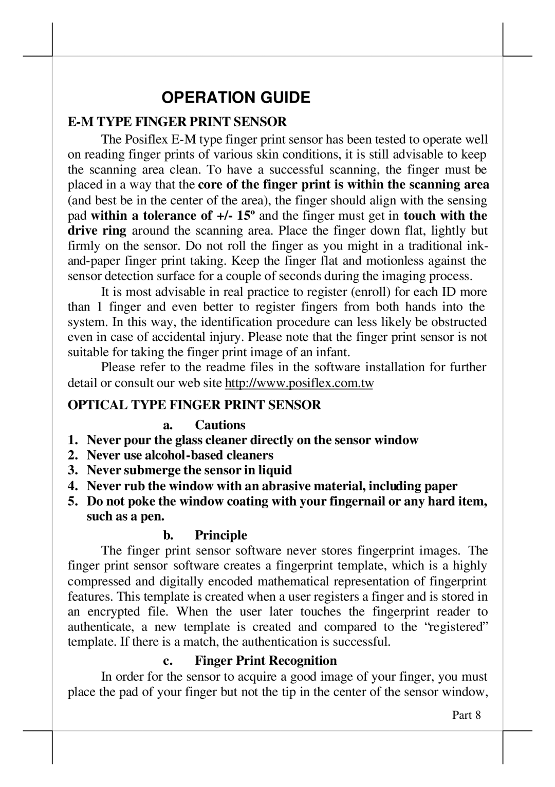 POSIFLEX Business Machines SD100, SD200 Operation Guide, Optical Type Finger Print Sensor, Finger Print Recognition 