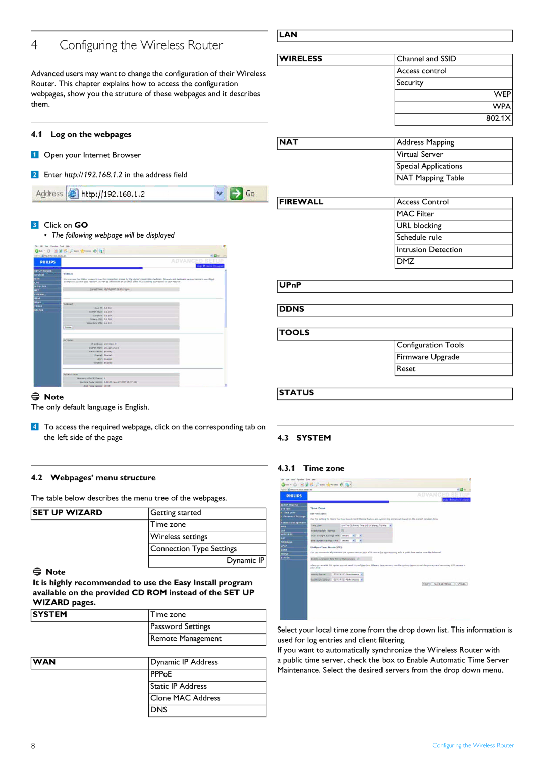 POSIFLEX Business Machines SNB5600 Configuring the Wireless Router, Log on the webpages, Webpages’ menu structure, UPnP 