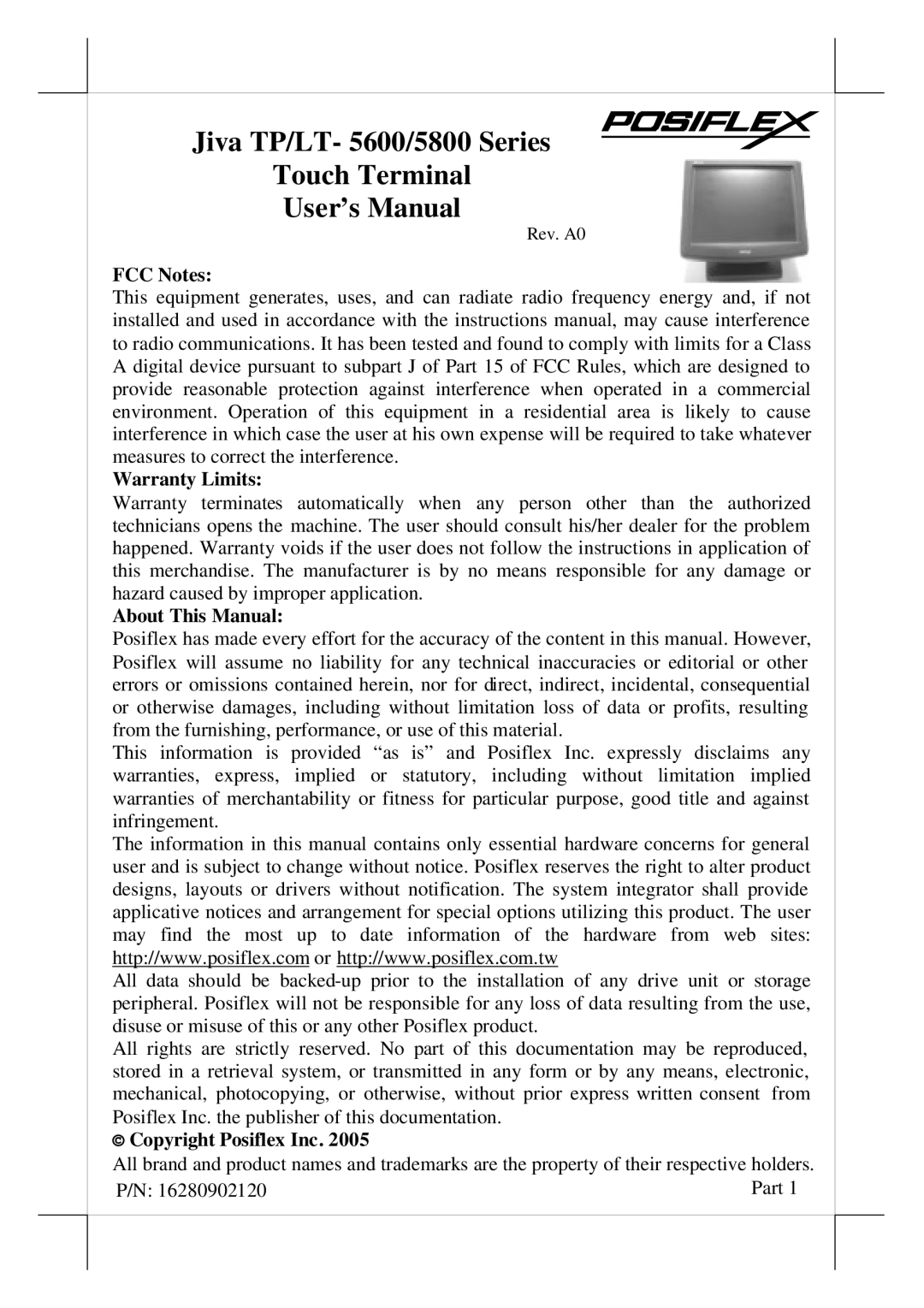 POSIFLEX Business Machines user manual Jiva TP/LT- 5600/5800 Series Touch Terminal User’s Manual 