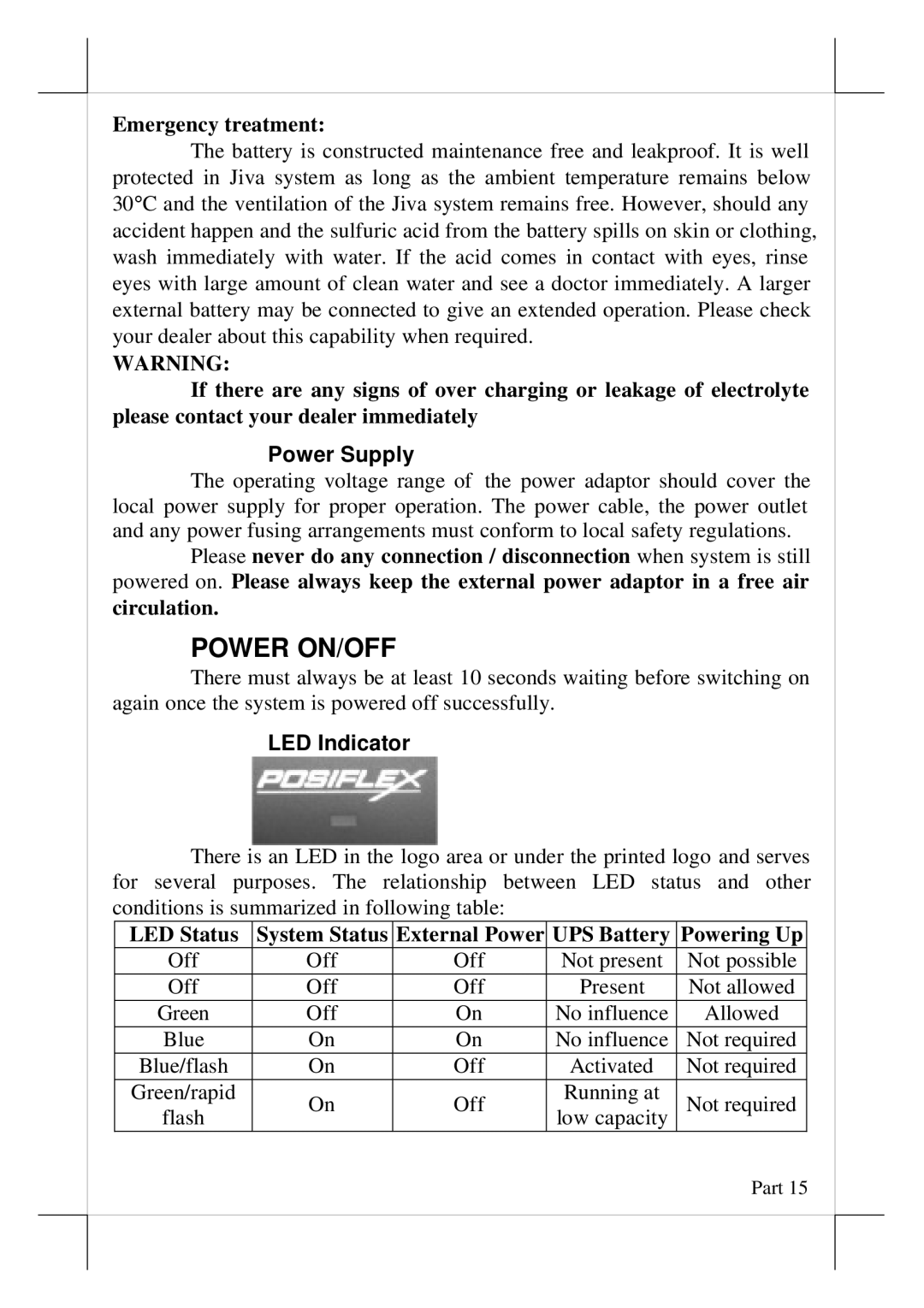 POSIFLEX Business Machines Touch Terminal, 5800, 5600 user manual Power ON/OFF, Power Supply, LED Indicator 