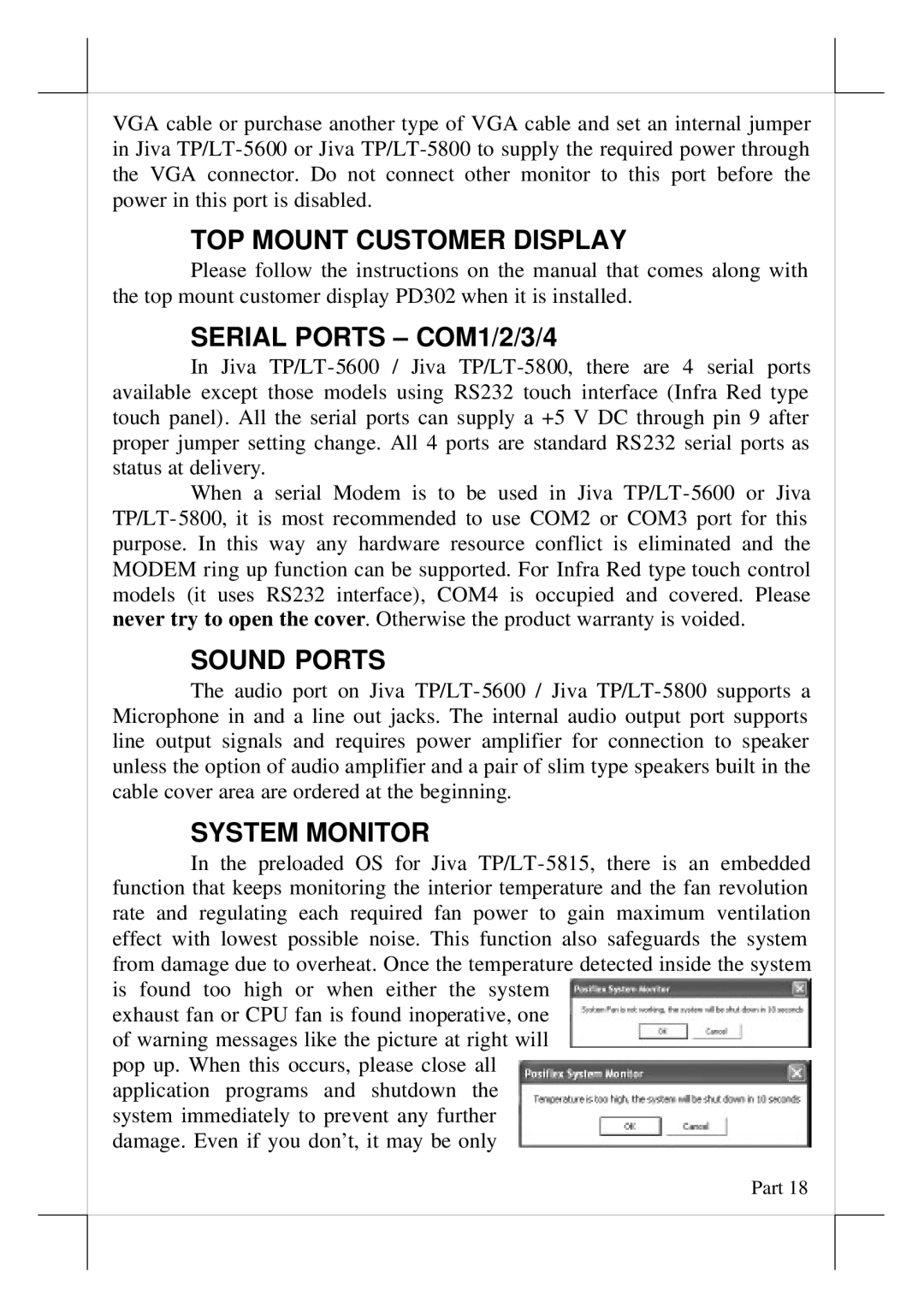 POSIFLEX Business Machines Touch Terminal TOP Mount Customer Display, Serial Ports COM1/2/3/4, Sound Ports, System Monitor 