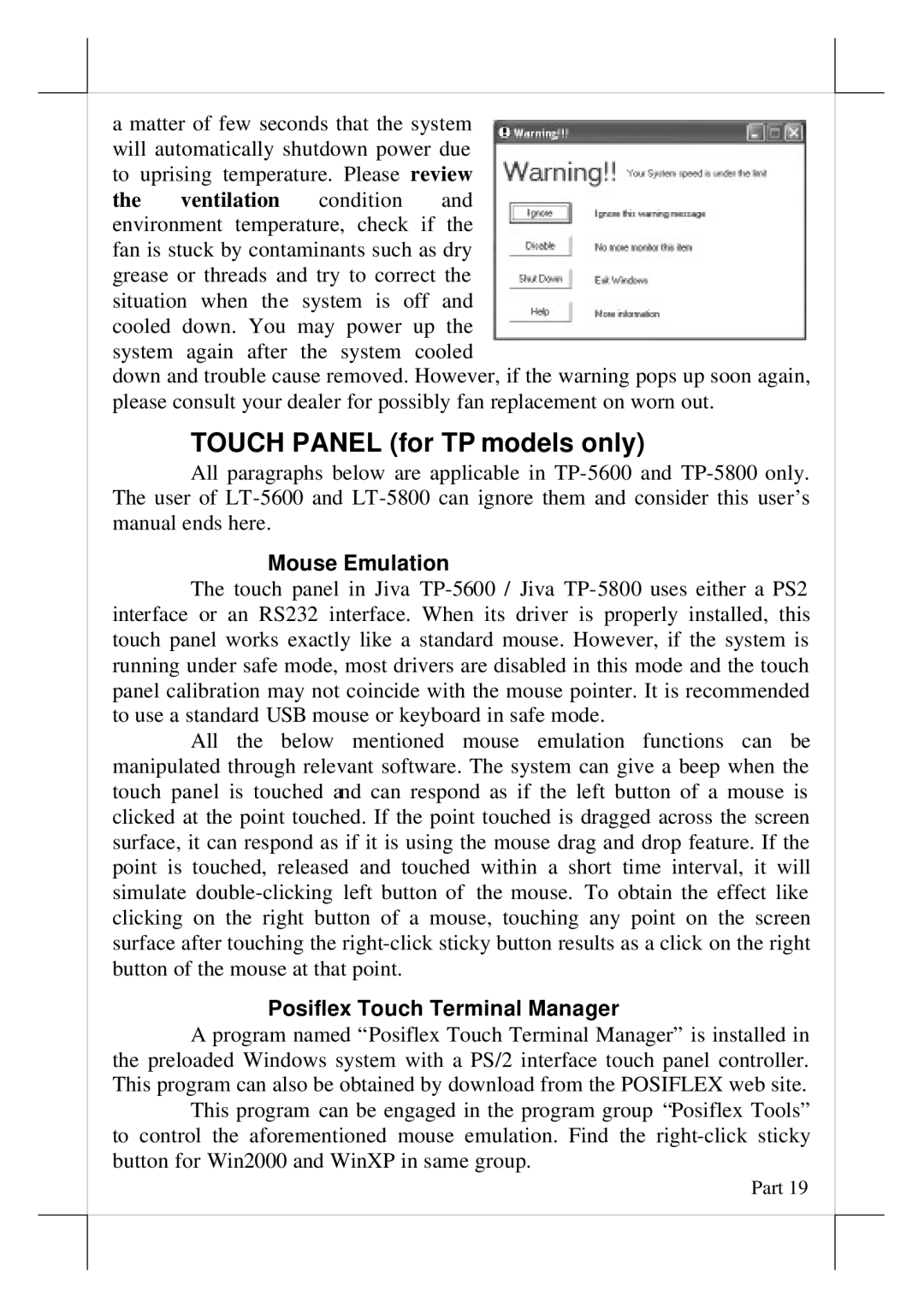 POSIFLEX Business Machines 5800, 5600 user manual Mouse Emulation, Posiflex Touch Terminal Manager 