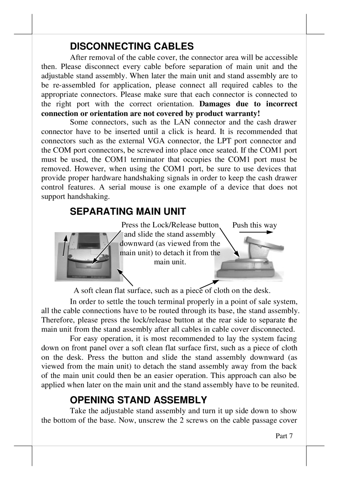 POSIFLEX Business Machines 5800, Touch Terminal, 5600 Disconnecting Cables, Separating Main Unit, Opening Stand Assembly 