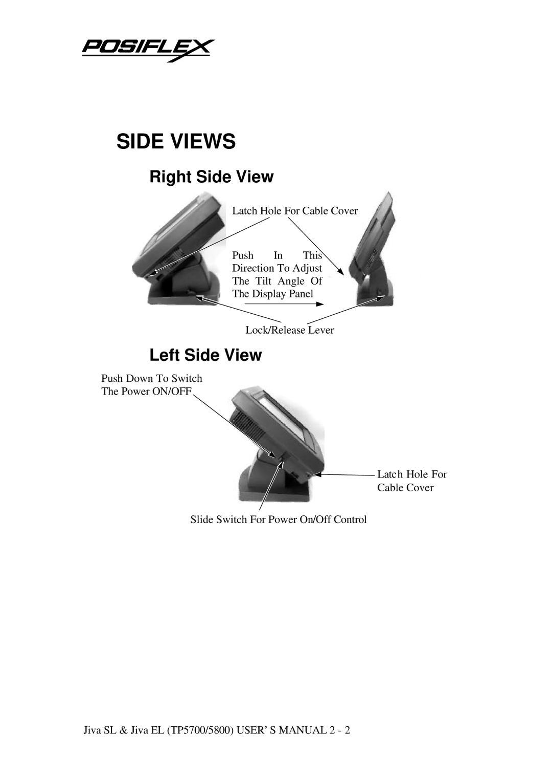 POSIFLEX Business Machines TP-5700, TP-5800 user manual Side Views, Right Side View, Left Side View 