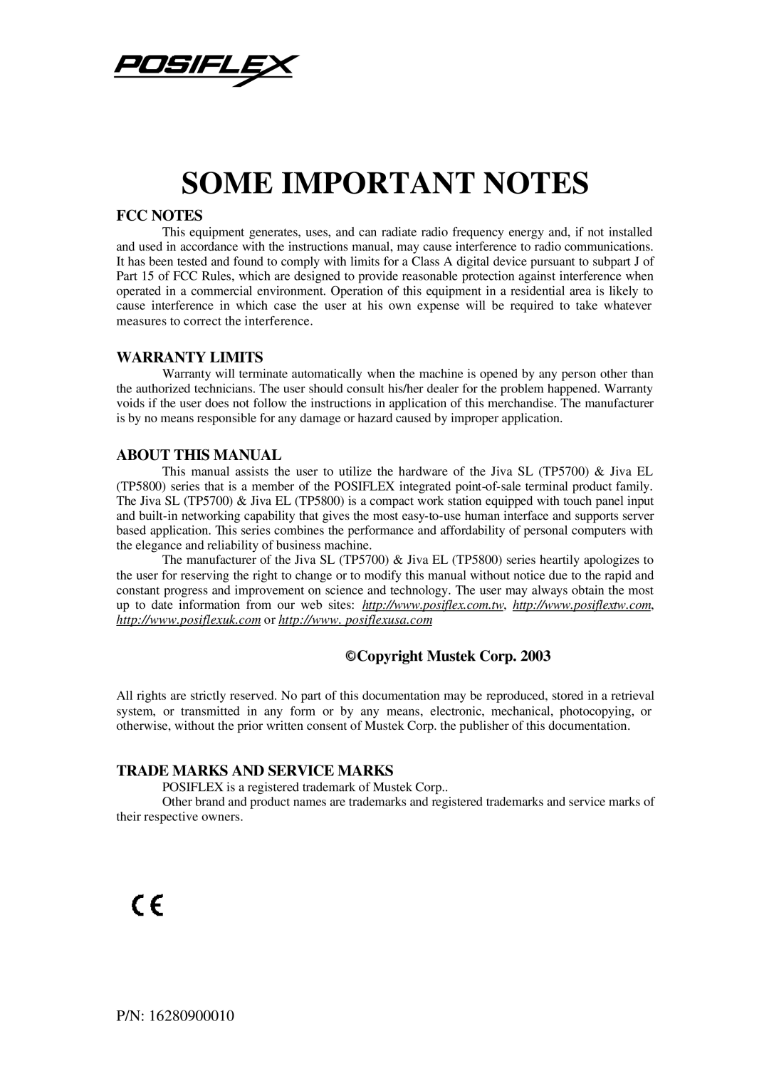 POSIFLEX Business Machines TP-5700, TP-5800 user manual Some Important Notes 