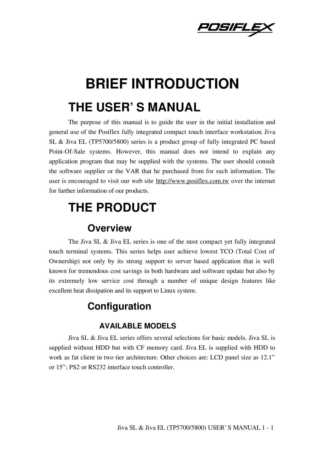 POSIFLEX Business Machines TP-5800, TP-5700 user manual USER’S Manual Product, Overview, Configuration 