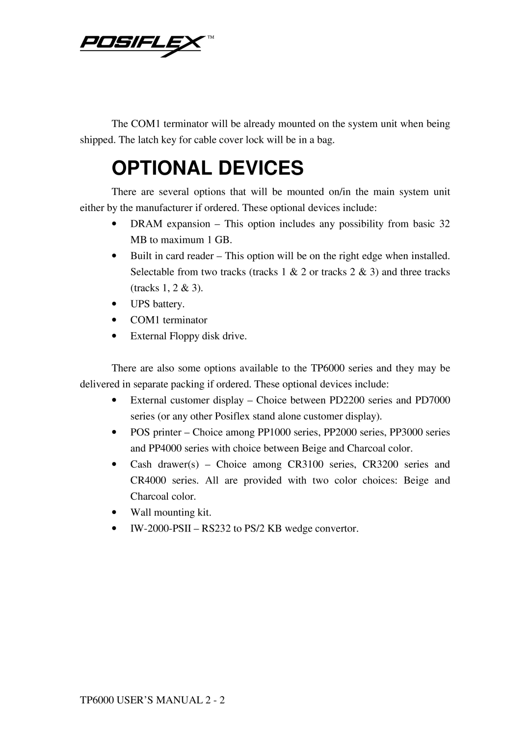 POSIFLEX Business Machines TP-6000 SERIES user manual Optional Devices 