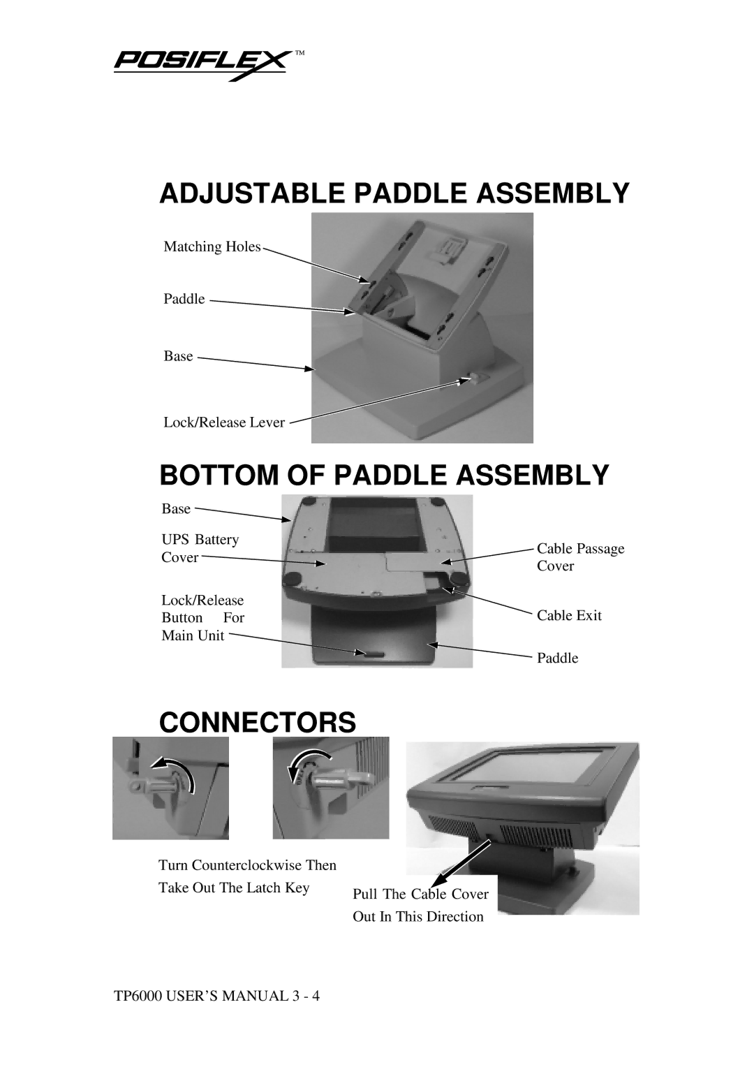 POSIFLEX Business Machines TP-6000 SERIES user manual Adjustable Paddle Assembly, Bottom of Paddle Assembly, Connectors 