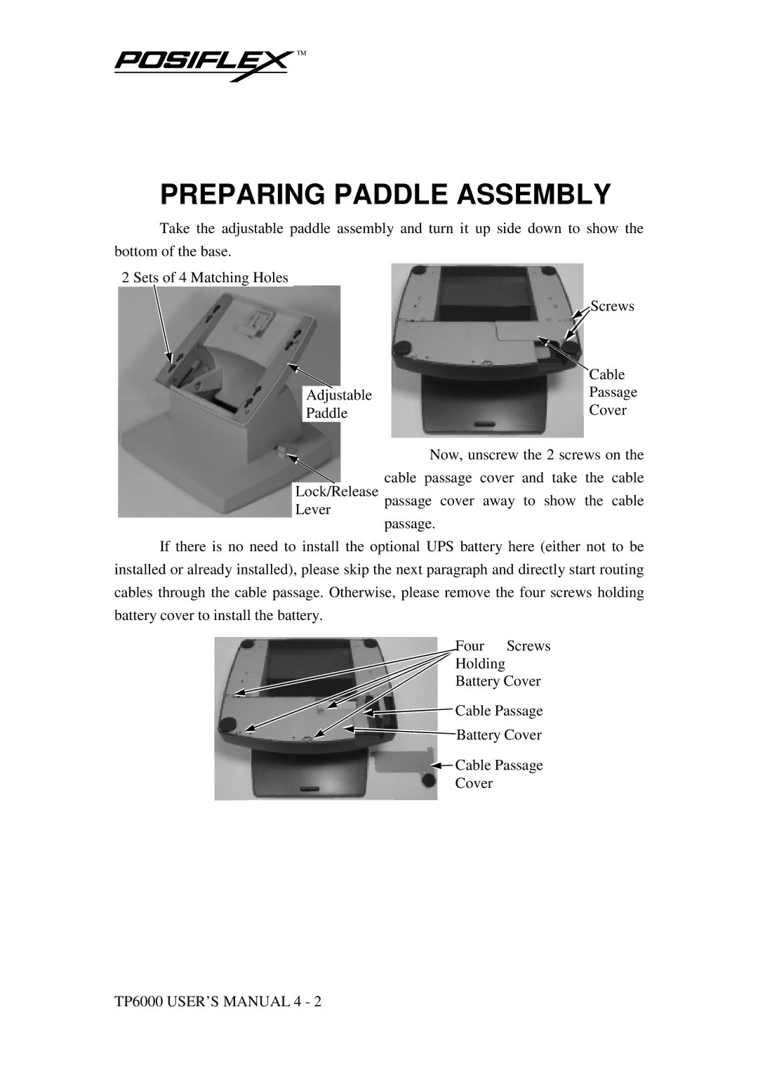 POSIFLEX Business Machines TP-6000 SERIES user manual Preparing Paddle Assembly 