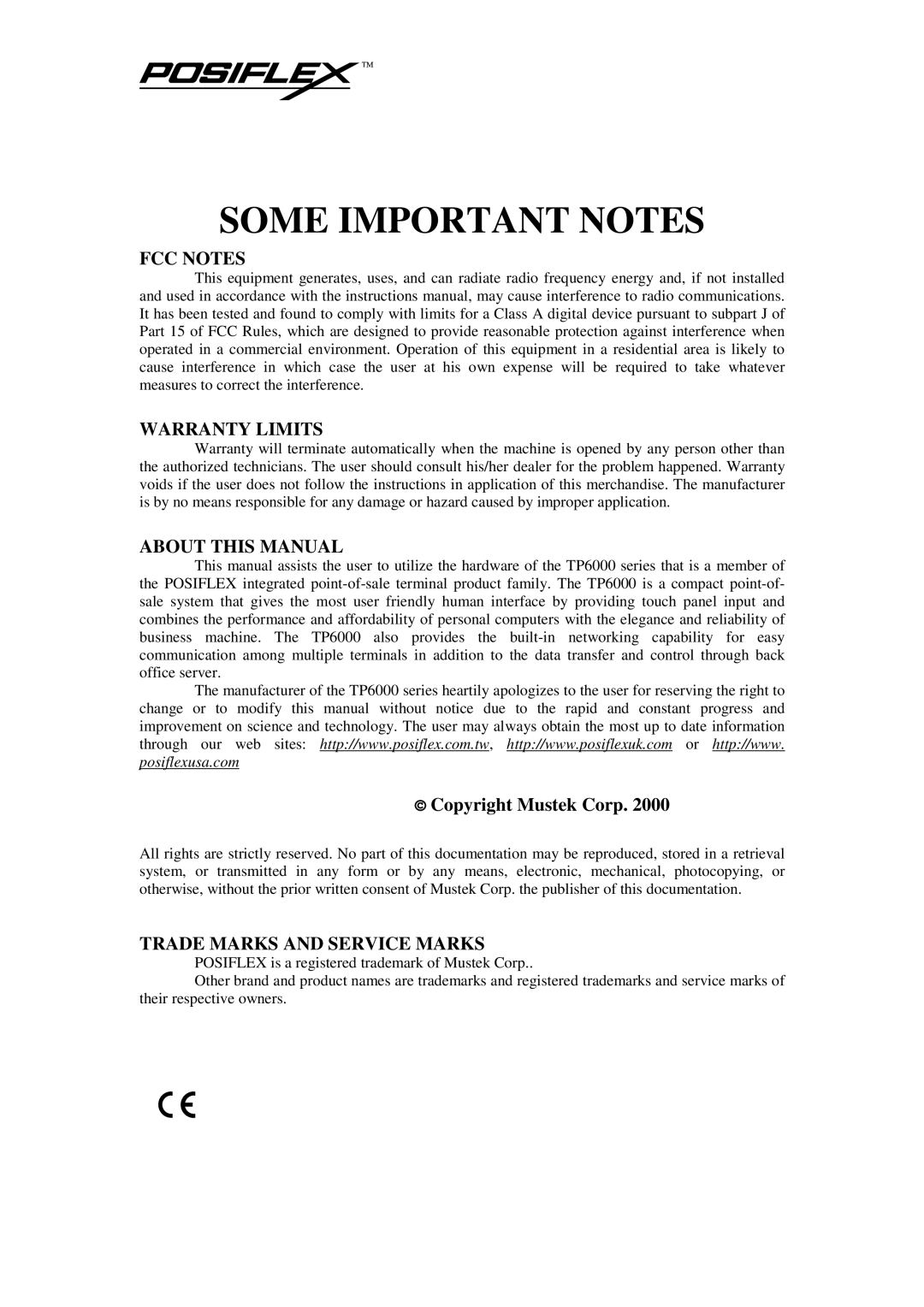 POSIFLEX Business Machines TP-6000 SERIES user manual Some Important Notes 