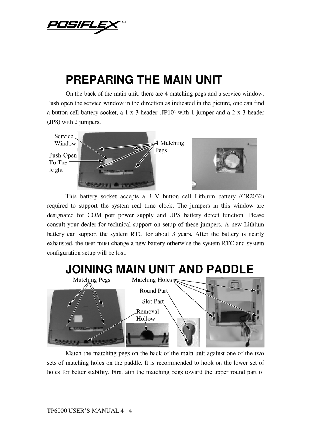 POSIFLEX Business Machines TP-6000 SERIES user manual Preparing the Main Unit, Joining Main Unit and Paddle 