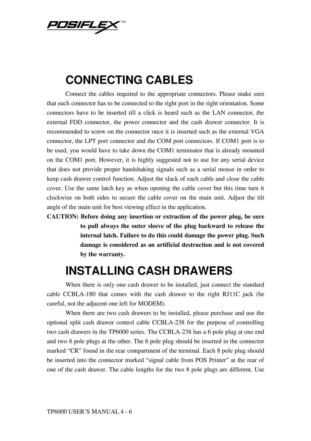 POSIFLEX Business Machines TP-6000 SERIES user manual Connecting Cables, Installing Cash Drawers 