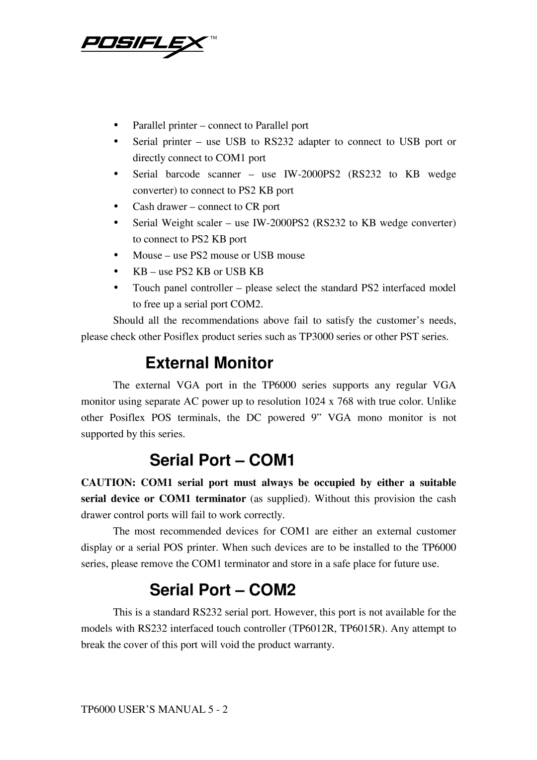 POSIFLEX Business Machines TP-6000 SERIES user manual External Monitor, Serial Port COM1, Serial Port COM2 