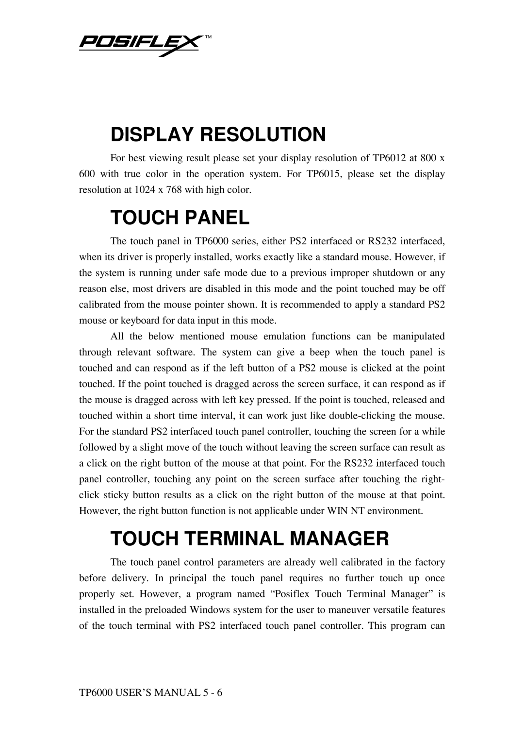 POSIFLEX Business Machines TP-6000 SERIES user manual Display Resolution, Touch Panel, Touch Terminal Manager 