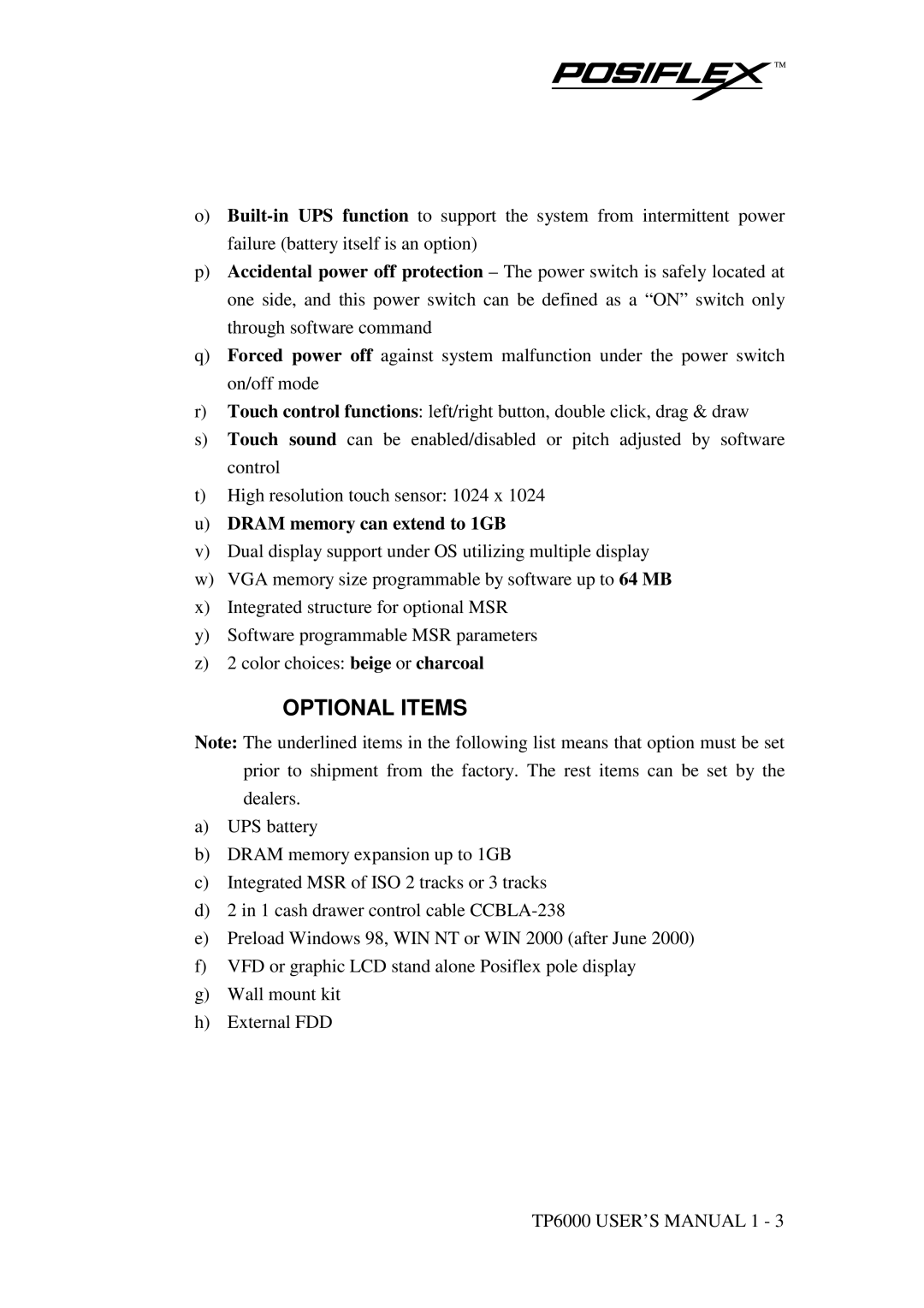 POSIFLEX Business Machines TP-6000 SERIES user manual Optional Items 