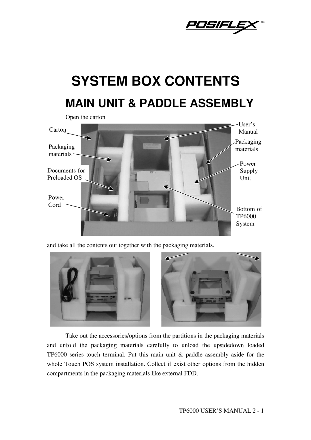 POSIFLEX Business Machines TP-6000 SERIES user manual System BOX Contents 