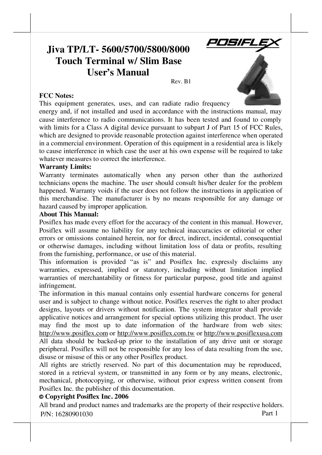 POSIFLEX Business Machines TP/LT- 5600, TP/LT- 5700, TP/LT- 8000, TP/LT- 5800 user manual FCC Notes 