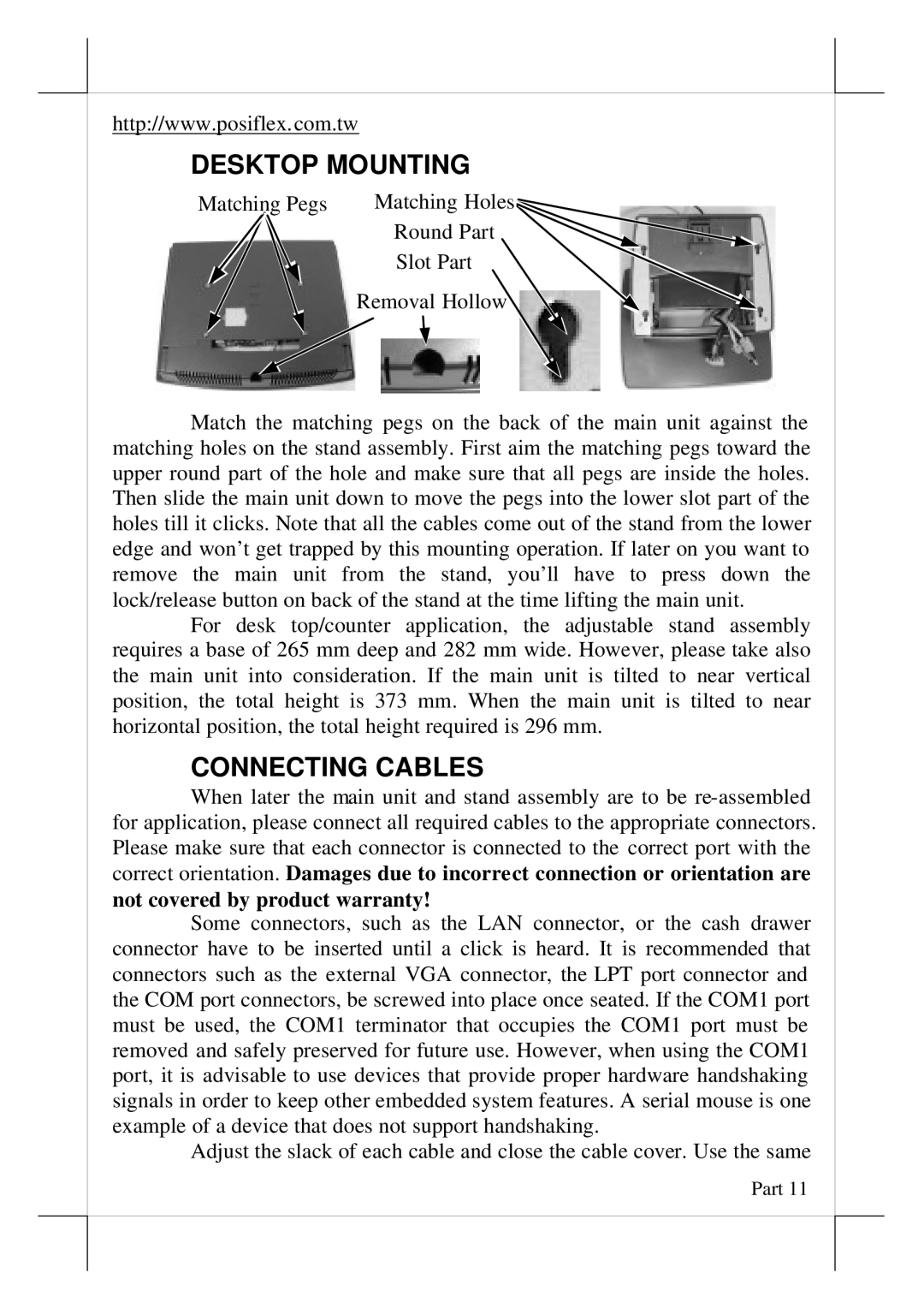 POSIFLEX Business Machines TP/LT- 5800, TP/LT- 5700, TP/LT- 5600, TP/LT- 8000 user manual Desktop Mounting, Connecting Cables 