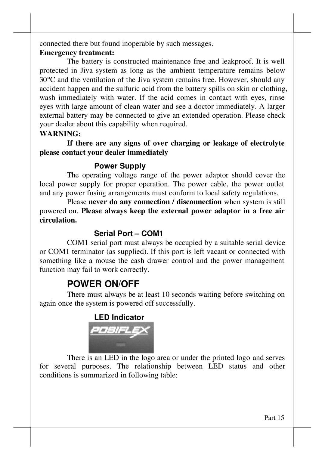 POSIFLEX Business Machines TP/LT- 5800, TP/LT- 5700 user manual Power ON/OFF, Power Supply, Serial Port COM1, LED Indicator 