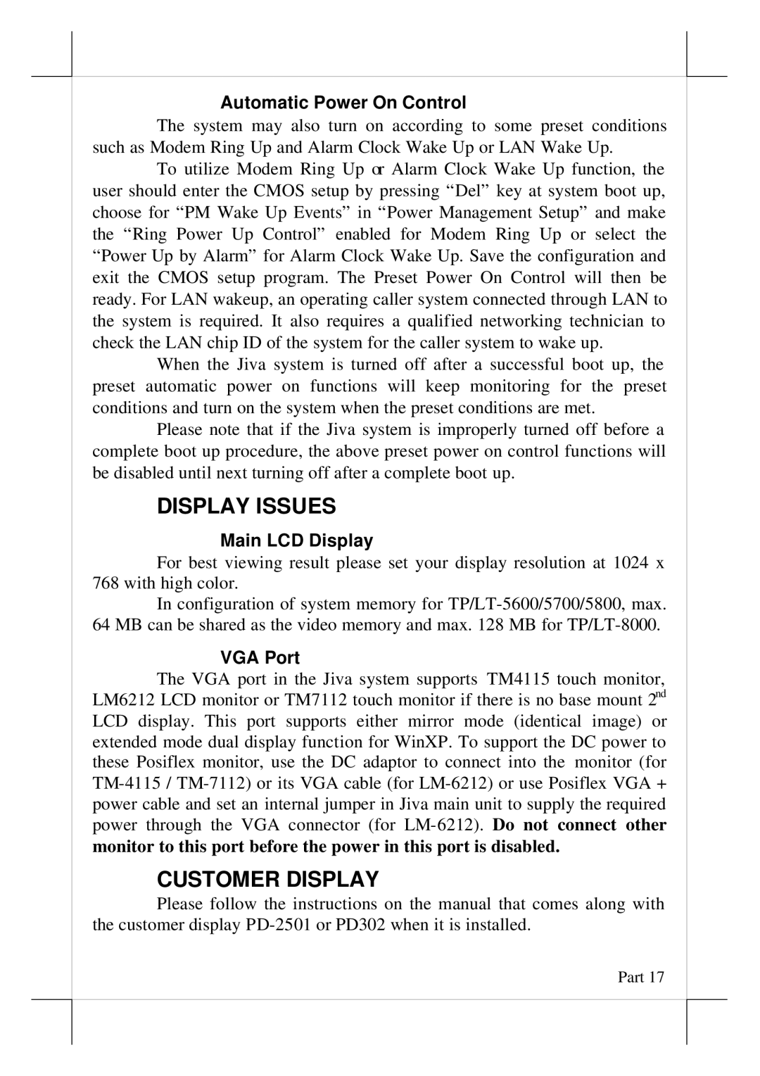 POSIFLEX Business Machines TP/LT- 5600 Display Issues, Customer Display, Automatic Power On Control, Main LCD Display 