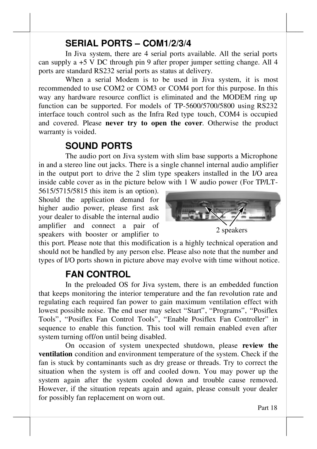 POSIFLEX Business Machines TP/LT- 8000, TP/LT- 5700, TP/LT- 5600 Serial Ports COM1/2/3/4, Sound Ports, FAN Control 