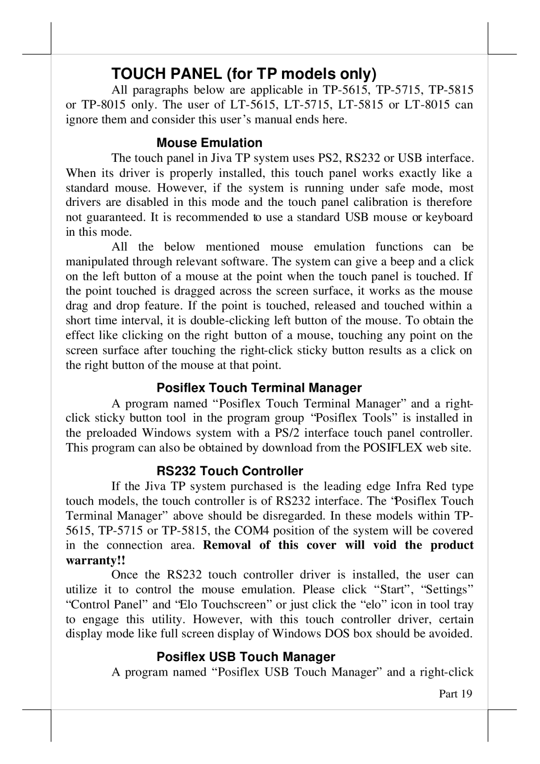 POSIFLEX Business Machines TP/LT- 5800 user manual Mouse Emulation, Posiflex Touch Terminal Manager, RS232 Touch Controller 