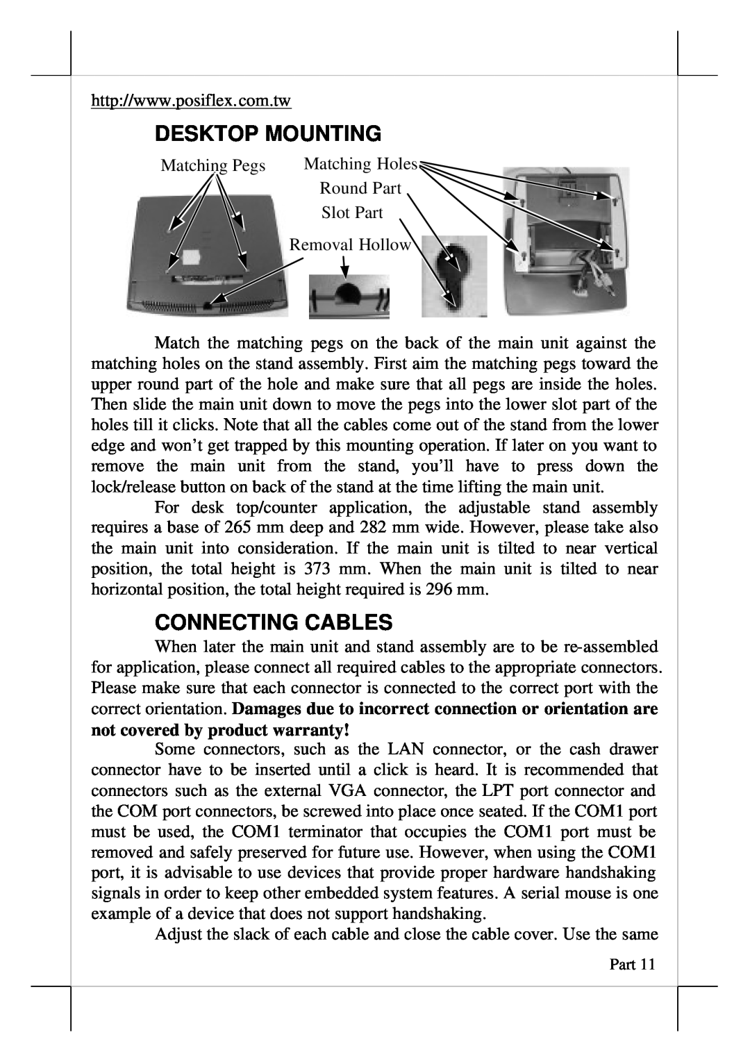 POSIFLEX Business Machines TP/LT- 5800, TP/LT- 5700, TP/LT- 5600, TP/LT- 8000 user manual Desktop Mounting, Connecting Cables 