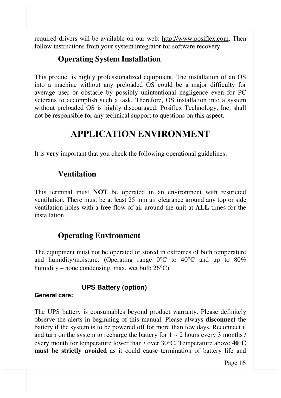 POSIFLEX Business Machines XP3300, XP3000 warranty Application Environment, Operating System Installation, Ventilation 