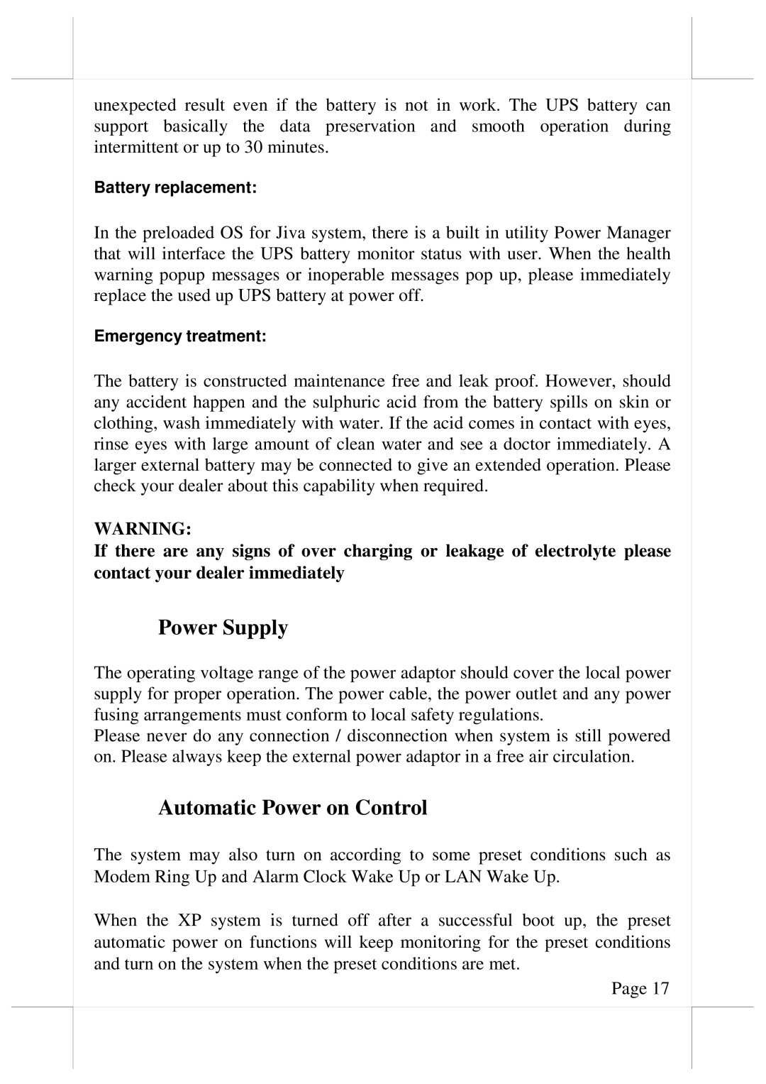 POSIFLEX Business Machines XP3000, XP3300 warranty Power Supply, Automatic Power on Control 