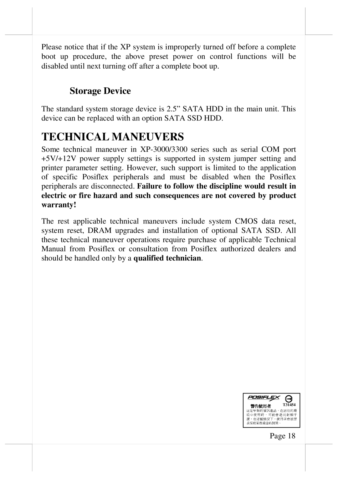 POSIFLEX Business Machines XP3300, XP3000 warranty Technical Maneuvers, Storage Device 