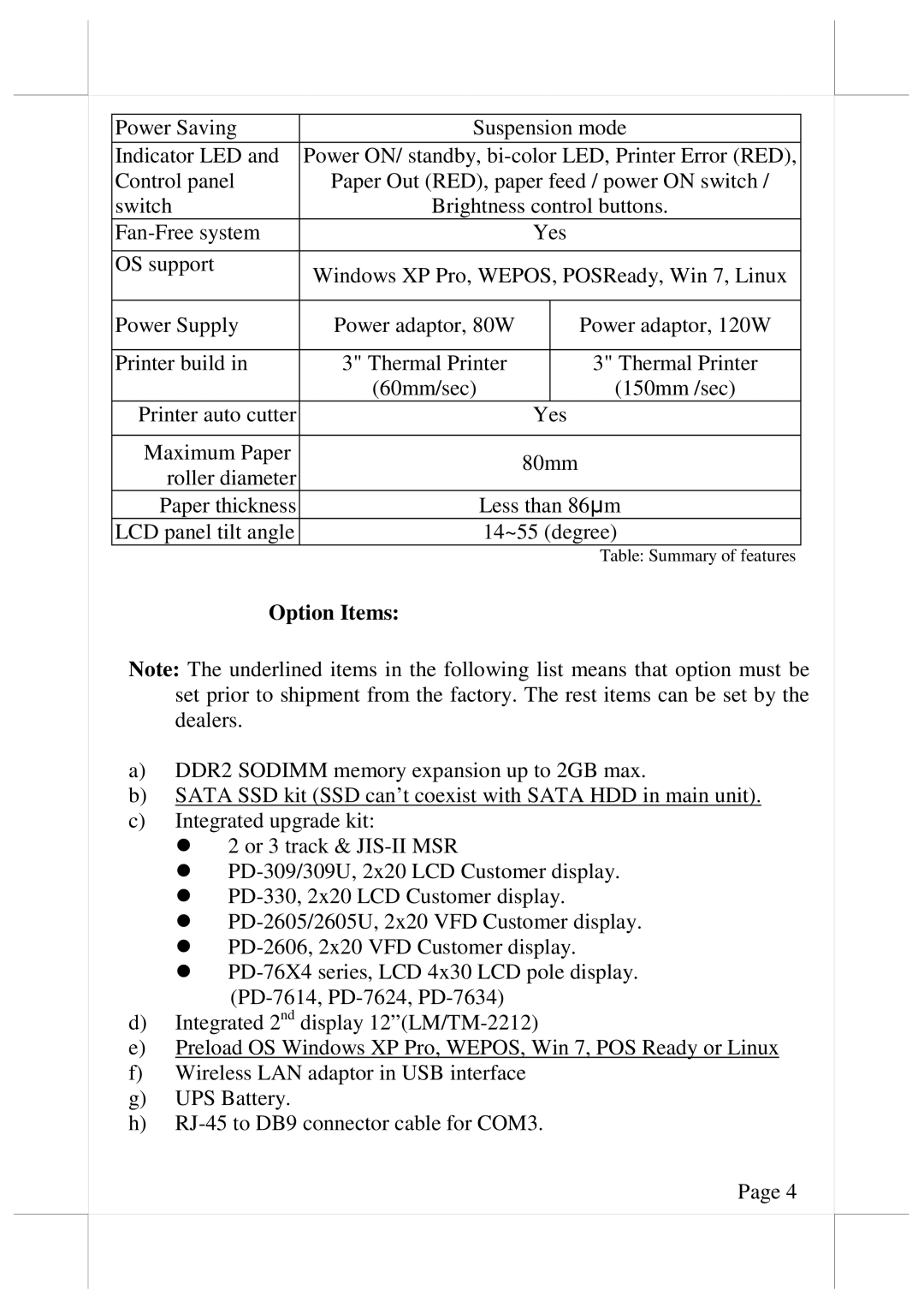 POSIFLEX Business Machines XP3300, XP3000 warranty Option Items 