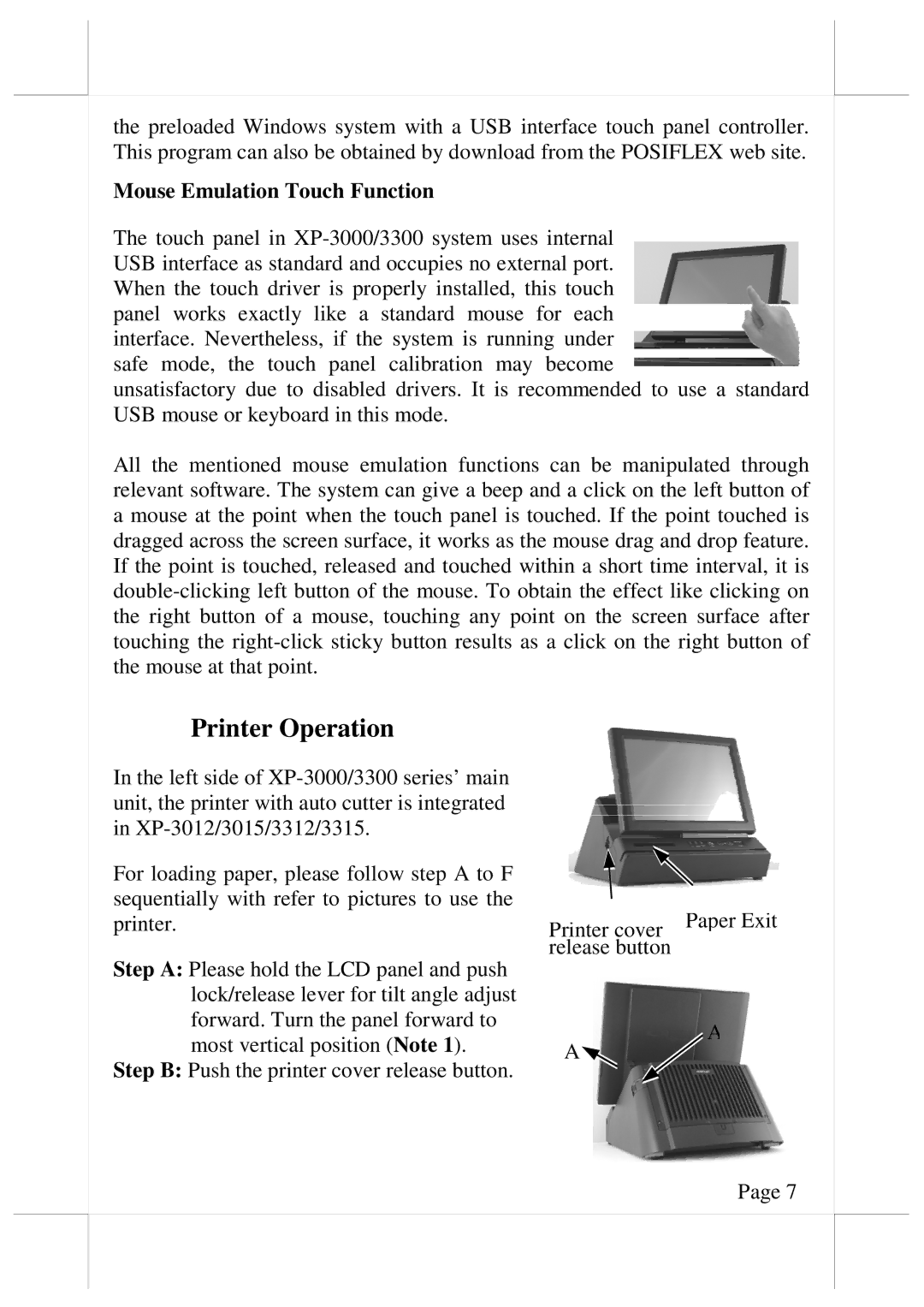 POSIFLEX Business Machines XP3000, XP3300 warranty Printer Operation, Mouse Emulation Touch Function 