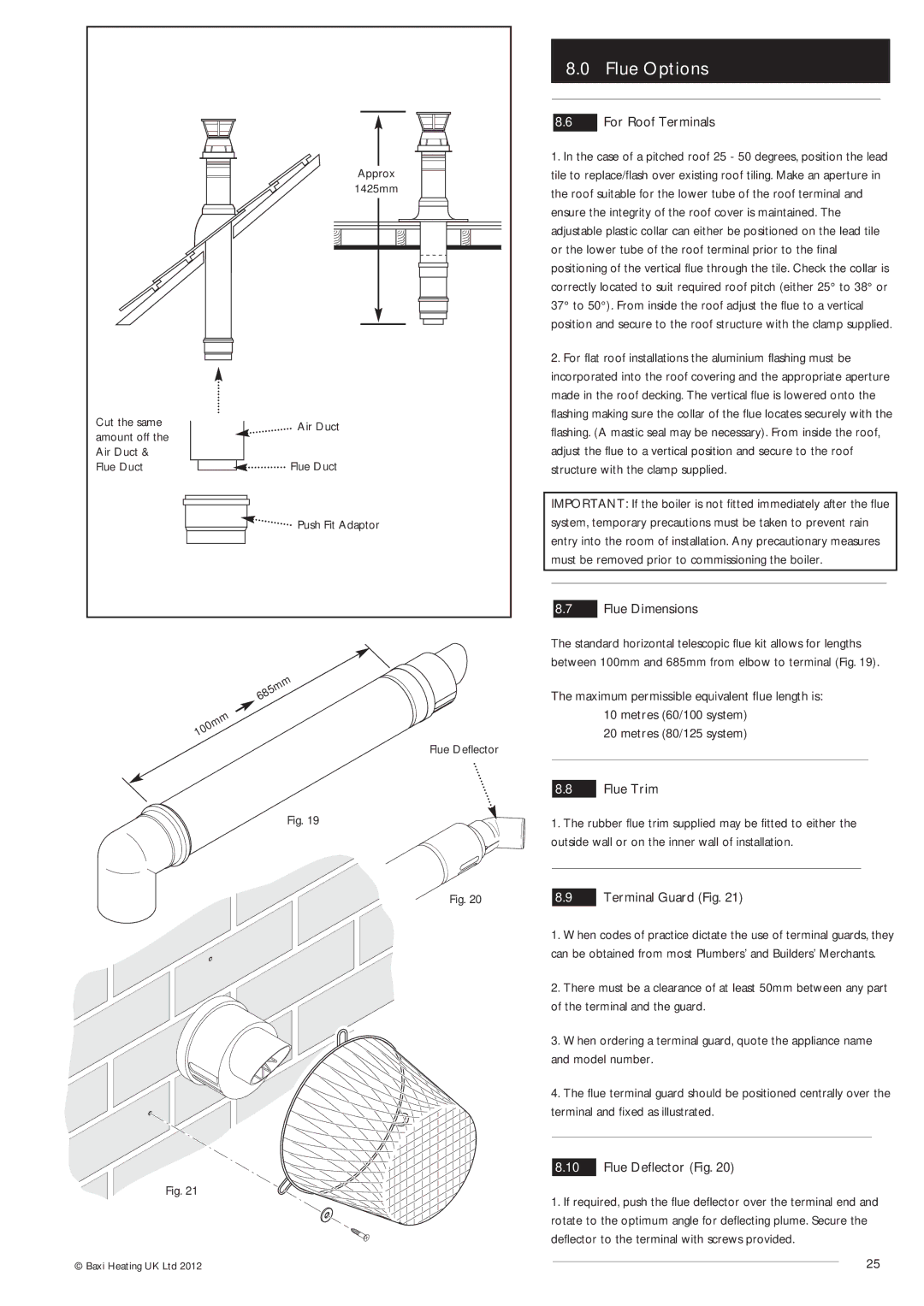 Potthof & Co 33kw, 24kw, 28kw manual For Roof Terminals, Flue Dimensions, Flue Trim, Terminal Guard Fig, Flue Deflector Fig 