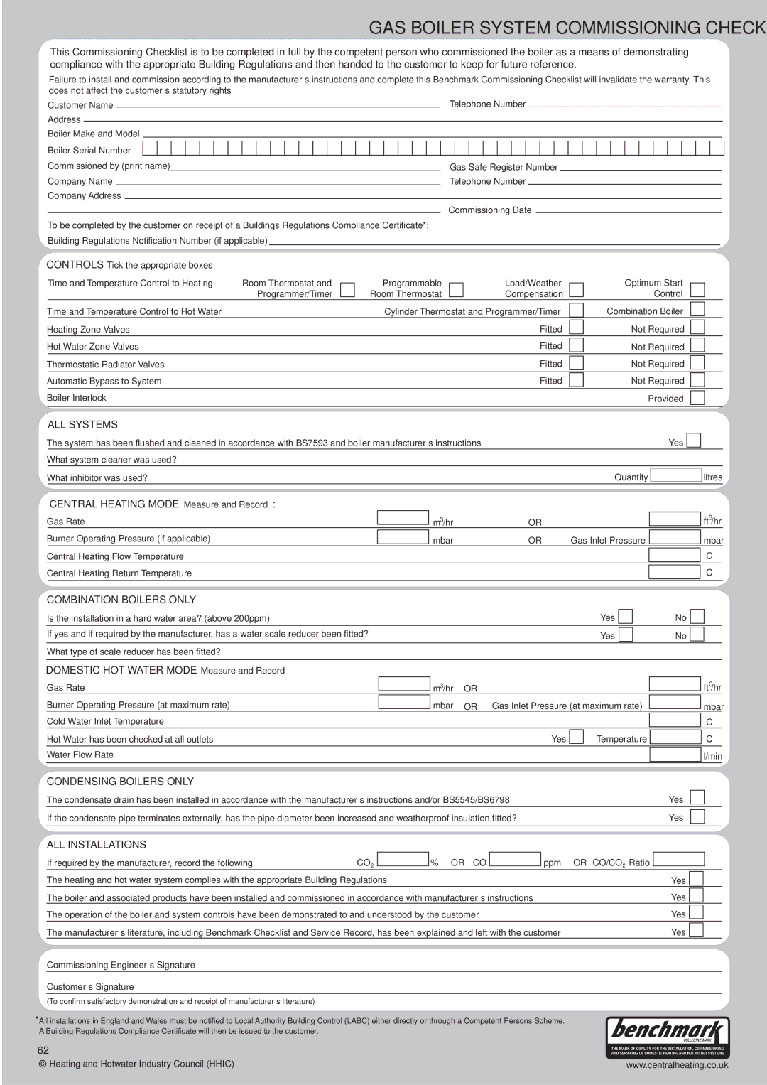 Potthof & Co 28kw, 24kw, 33kw manual GAS Boiler System Commissioning Checklist 