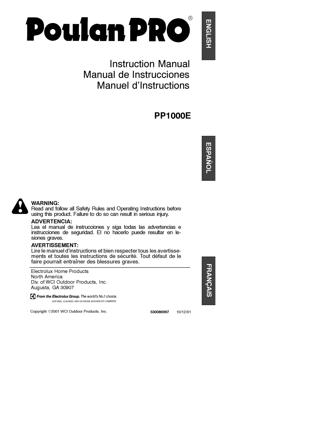 Poulan 1000E instruction manual Manual de Instrucciones Manuel d’Instructions 