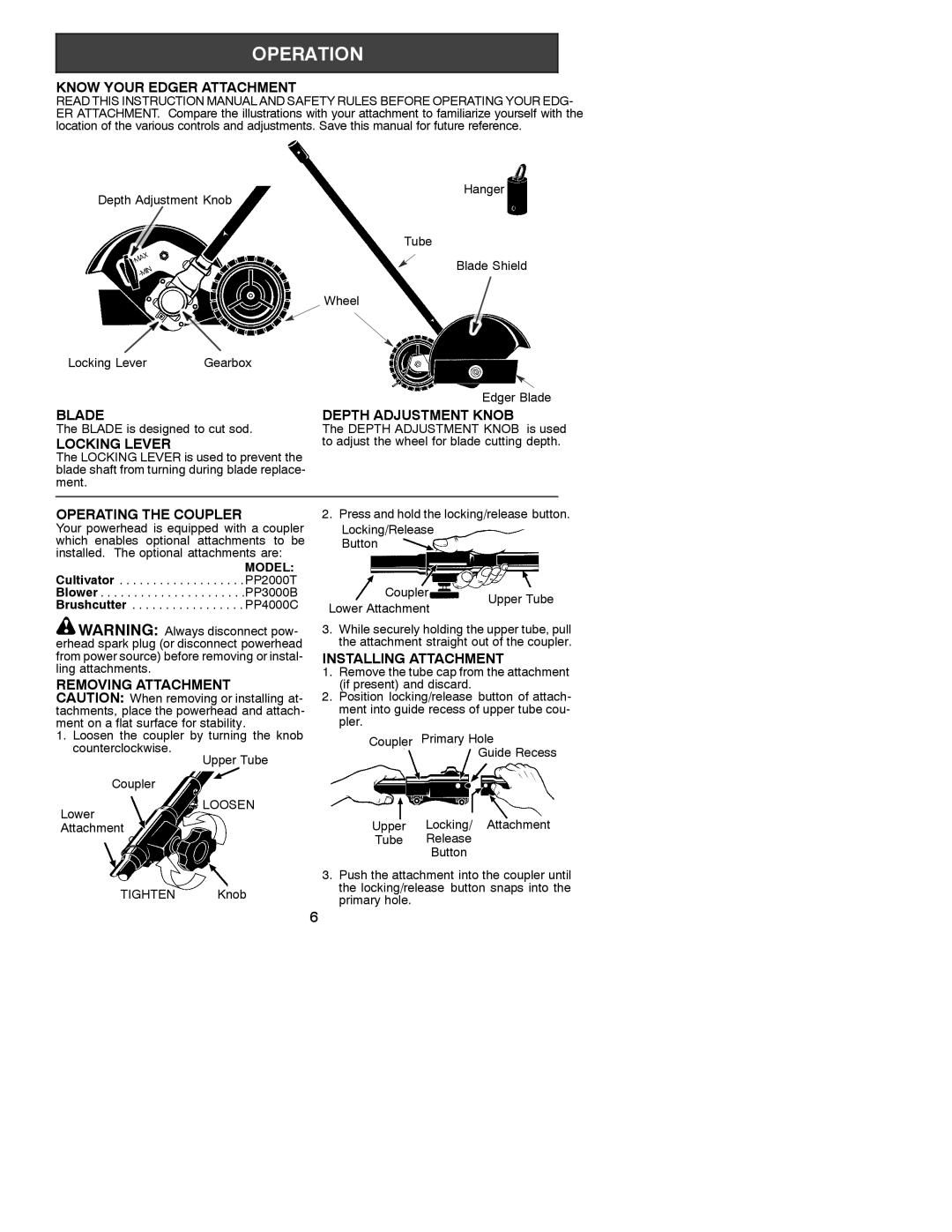 Poulan 1000E Know Your Edger Attachment, Blade Depth Adjustment Knob, Locking Lever, Operating the Coupler 