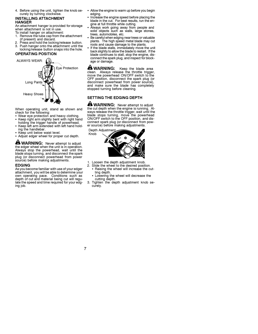 Poulan 1000E instruction manual Installing Attachment Hanger, Operating Position, Setting the Edging Depth, Always Wear 