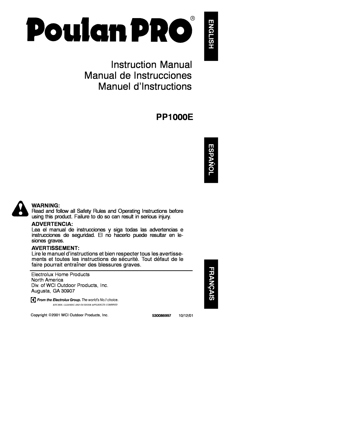 Poulan instruction manual Advertencia, Avertissement, PP1000E 