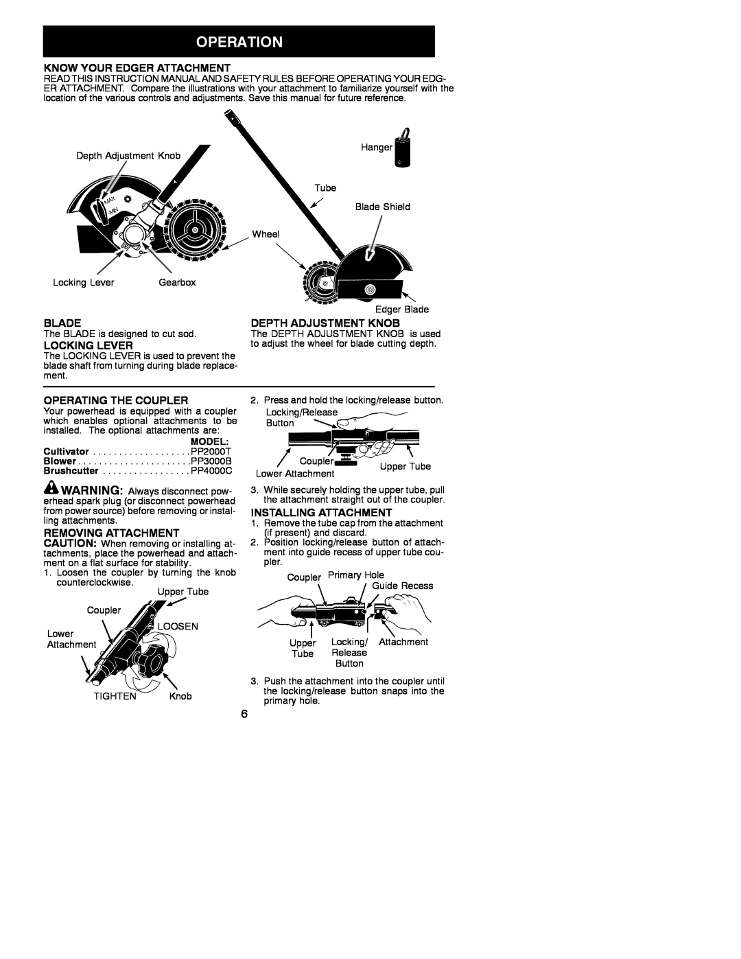 Poulan 1000E Know Your Edger Attachment, Blade, Depth Adjustment Knob, Locking Lever, Operating The Coupler 