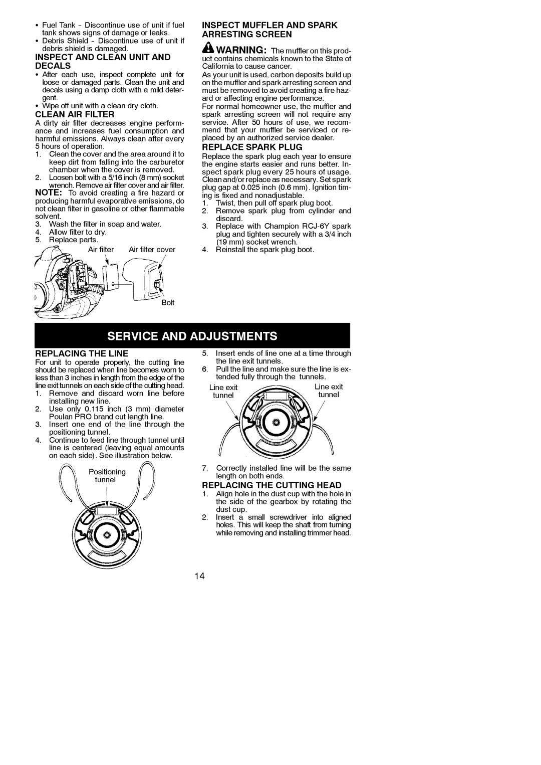 Poulan 115156226 instruction manual Service and Adjustments 