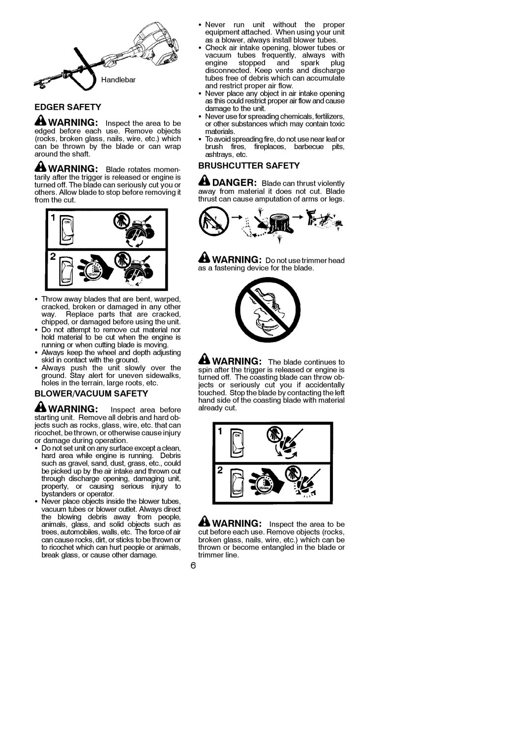 Poulan 115156226 instruction manual Edger Safety, BLOWER/VACUUM Safety, Brushcutter Safety, Handlebar 