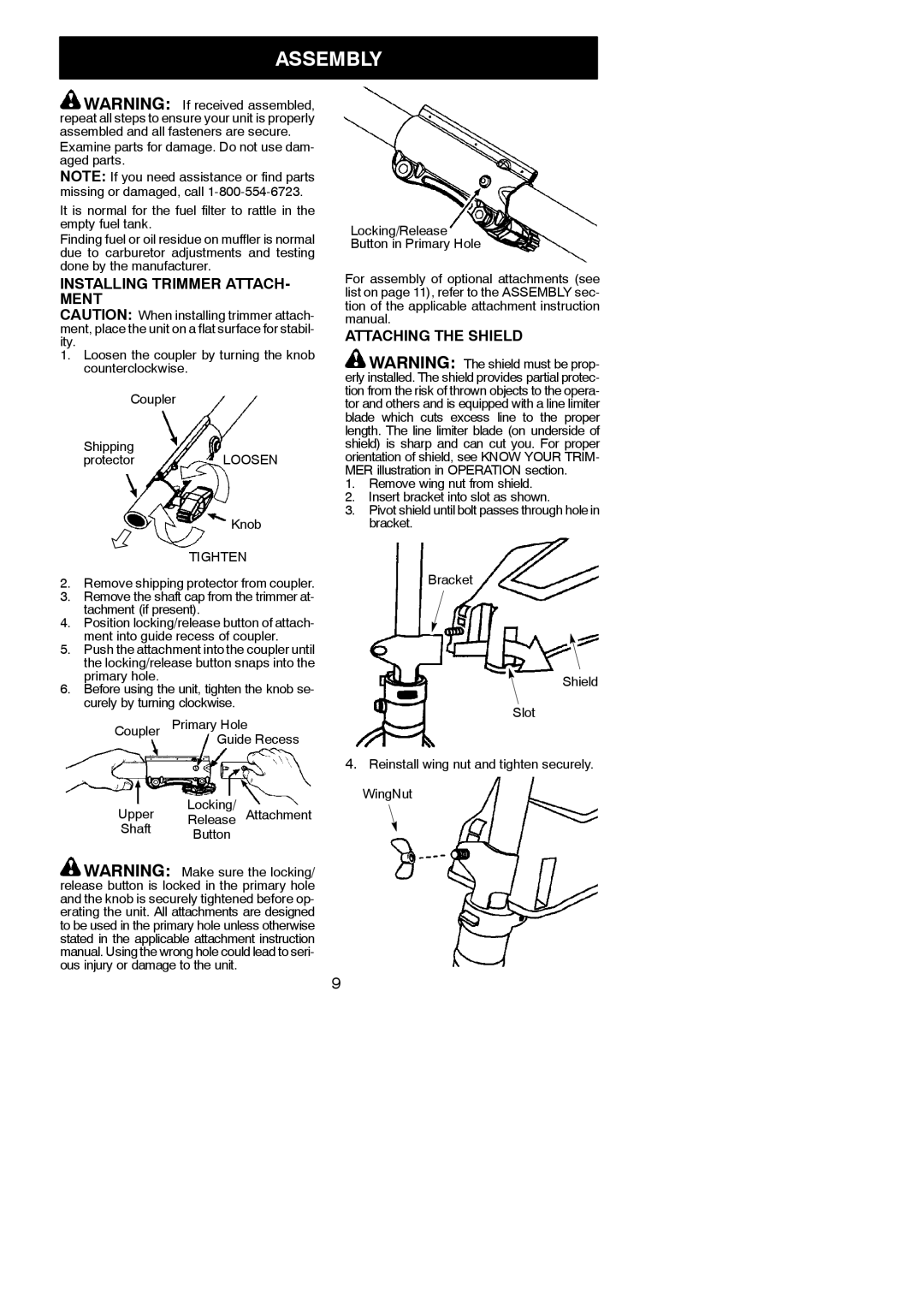 Poulan 115156226 instruction manual Assembly, Installing Trimmer ATTACH- Ment, Attaching the Shield 