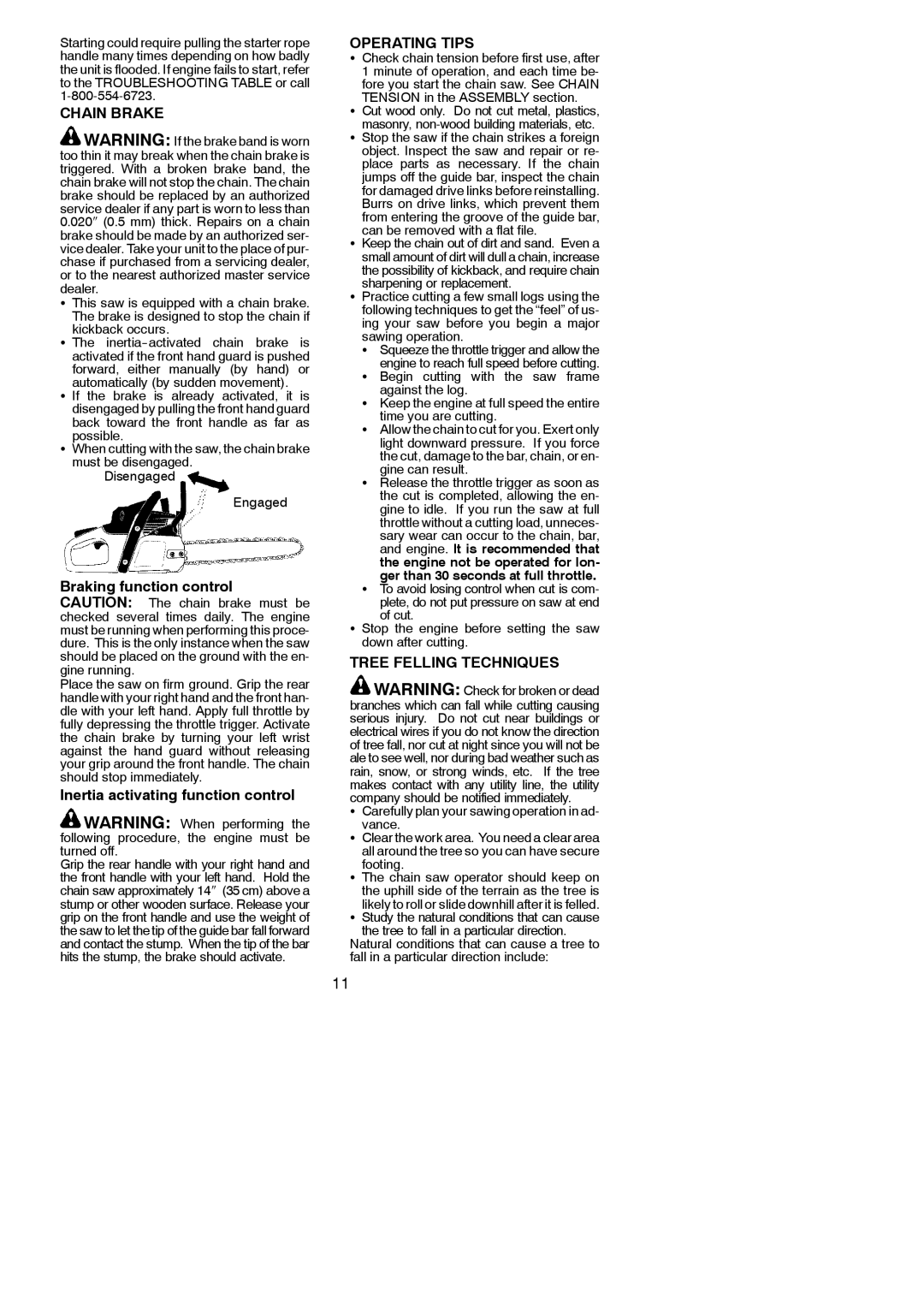 Poulan 115156526 Braking function control Caution The chain brake must be, Inertia activating function control 