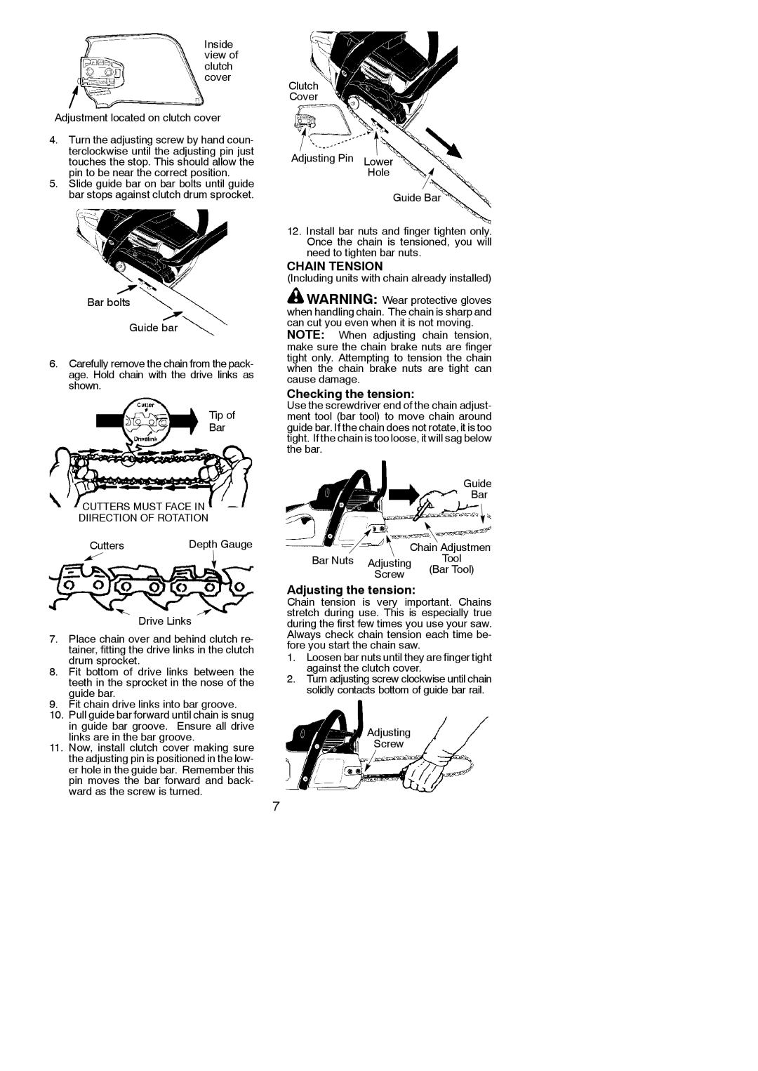 Poulan 115156526 instruction manual Chain Tension, Checking the tension, Adjusting the tension 