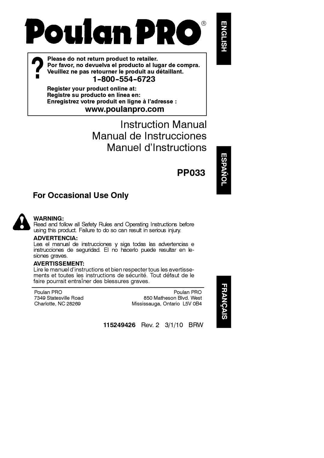 Poulan 115249426 instruction manual Manual de Instrucciones Manuel d’Instructions, English Español Français 